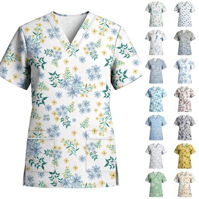 Women V Neck Short Sleeve Stretch Scrub Top with Pockets Floral Print Medical Uniform Workwear for Healthcare Professionals