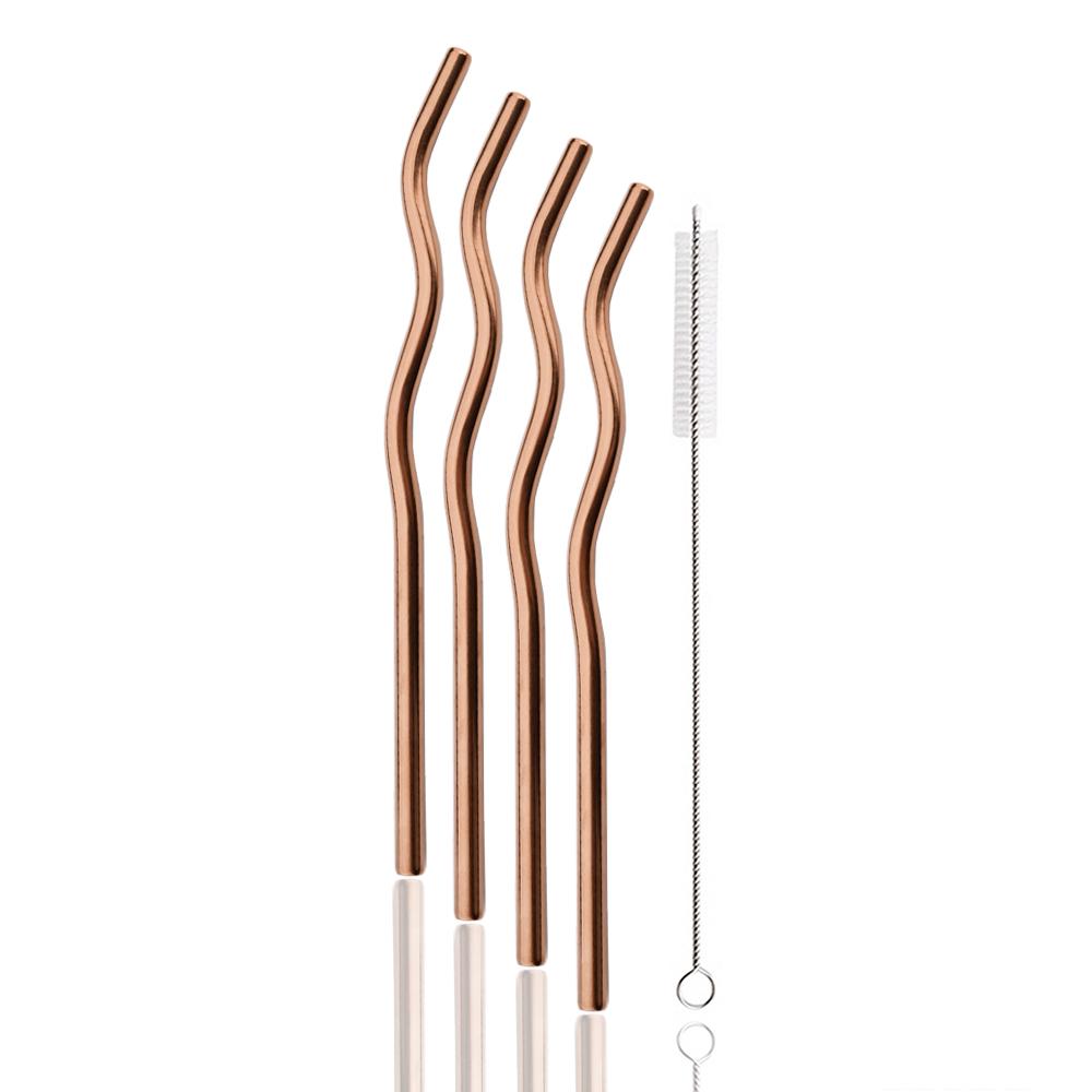 8*235mm Wave Reusable Coloful Straw Set 304 Stainless Steel Straw Bent Drinking Straw With Cleaning Brush Home Bar Accessory