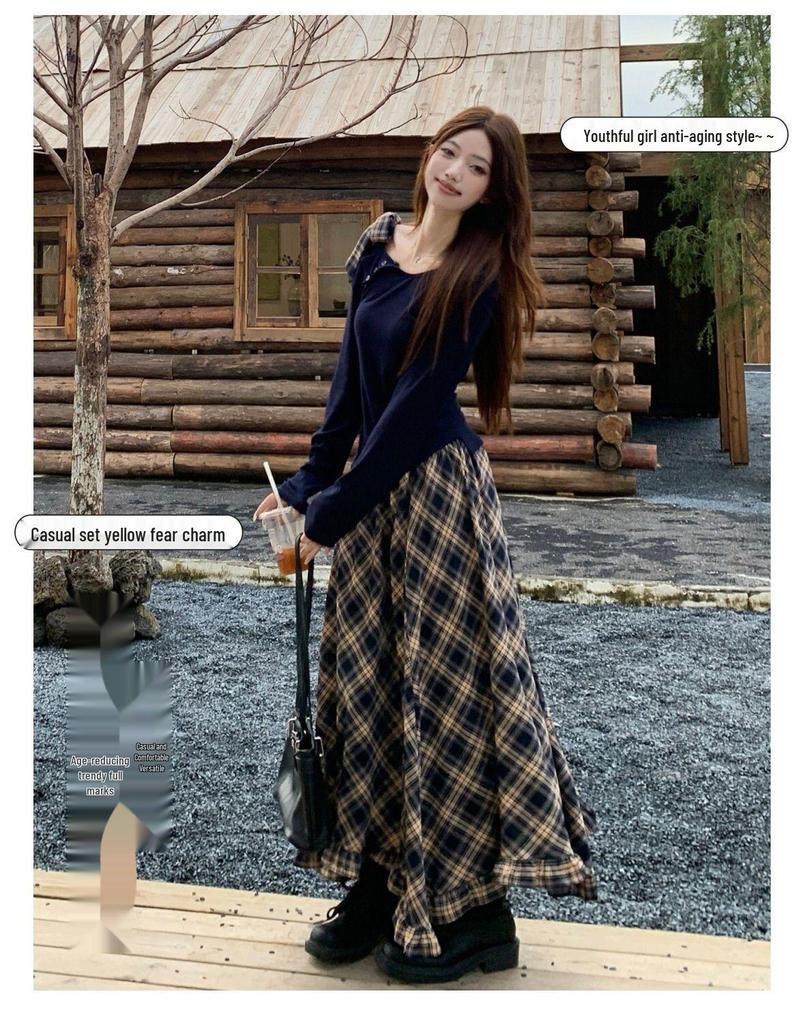 2026 Spring Fashion Women's Long Sleeve T-shirt & High Waist Plaid Skirt Set