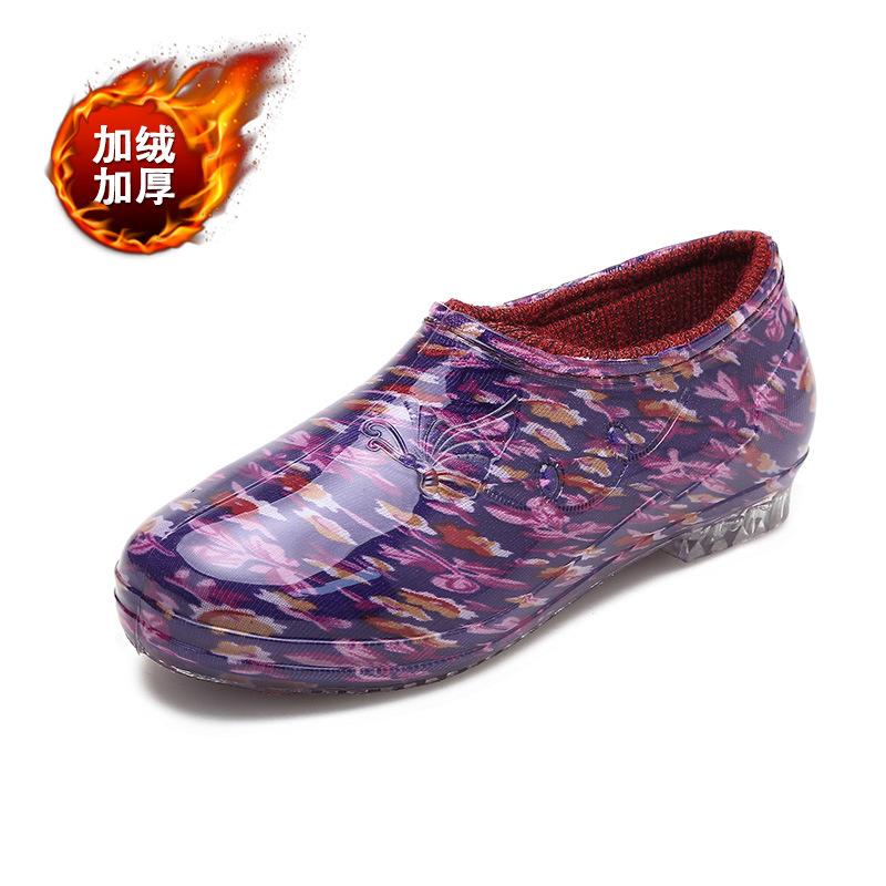 Fashion cotton rain shoes female adult low-top non-slip velvet warm kitchen water shoes women's work rubber shoes overshoes winter