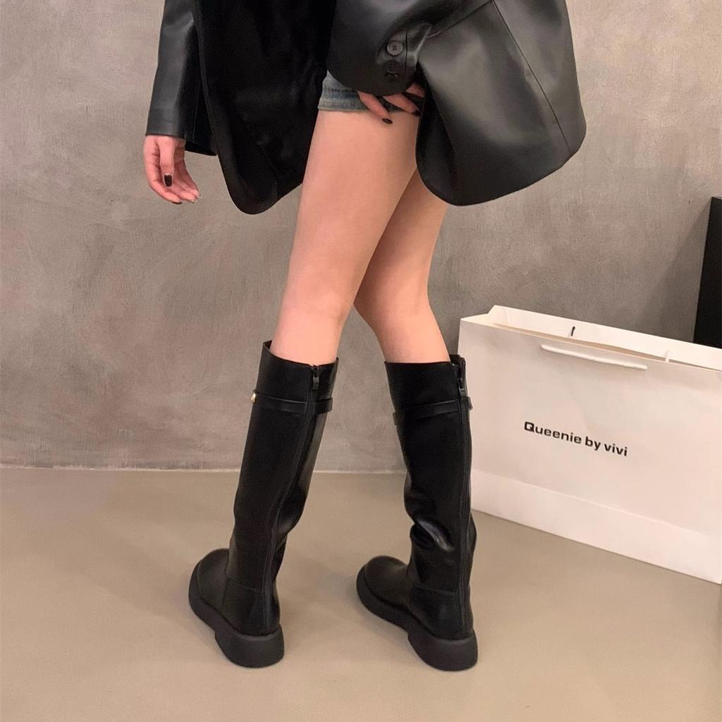 Thick-soled Small Man Black Medium Tube Knight Boots Women's Shoes 2025 New Spring, Autumn and Winter Thin Version Long Tube Long Boots
