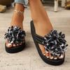 Fashion Leopard Flower Decor Wedge Flip Flops for Women Summer Thick Sole Clip Toe Beach Slippers Woman Fashion Printed Platform Sandals