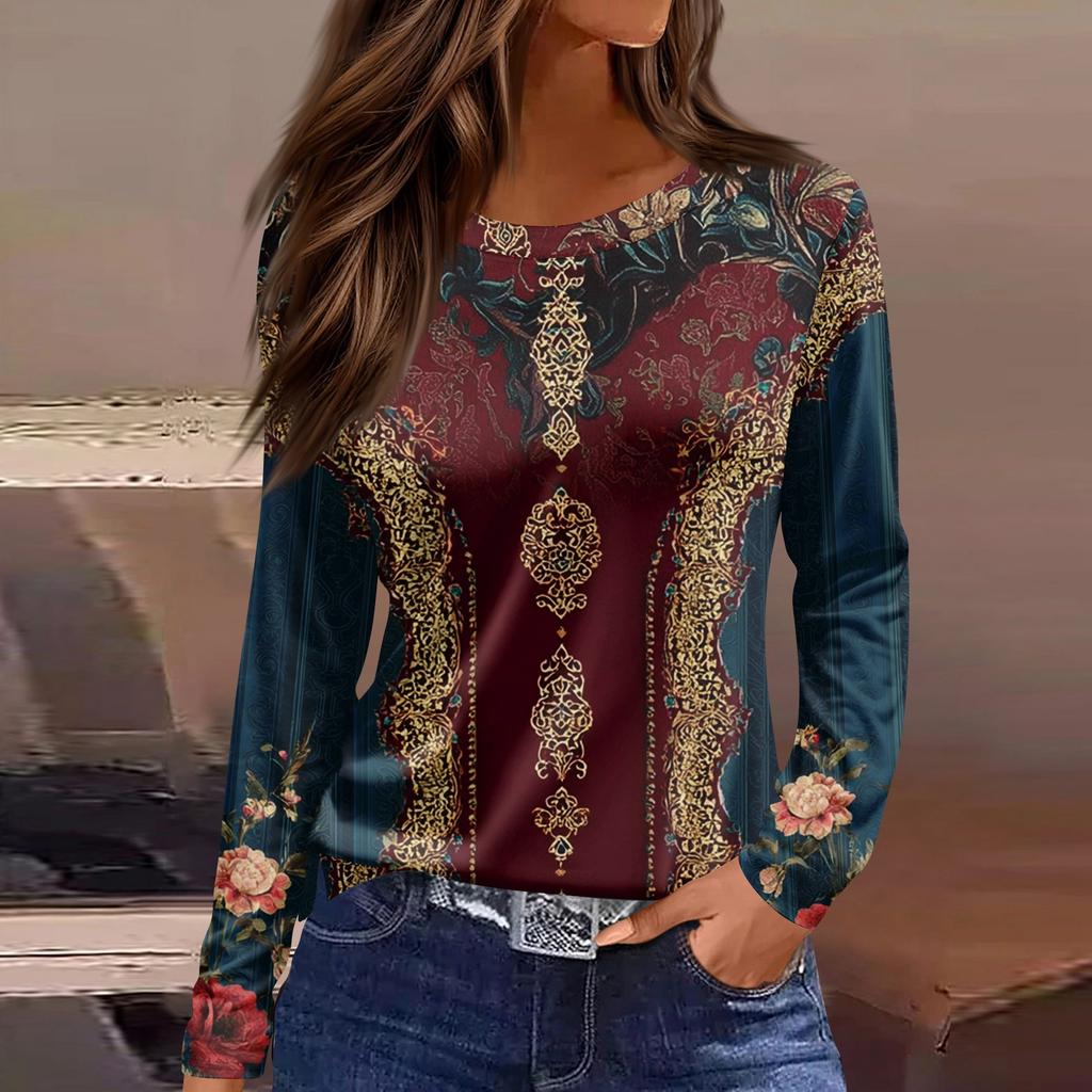 Women's Fashion Casual Slit Hem Round Neck Long Sleeve Loose Printed T-Shirt Ladies Top
