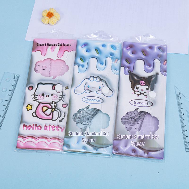 Cute Cartoon Student Ruler Set: Transparent 20cm Straight Ruler, Triangle Ruler, Protractor - 4 Pieces