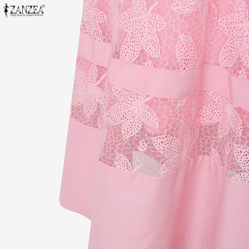 ZANZEA Women Casual Round Neck Short Sleeve Elegant Lace Long Dress