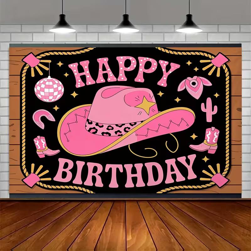 2D Disco Cowgirl Backdrop "Happy Birthday" Western Themed Photo Booth Background
