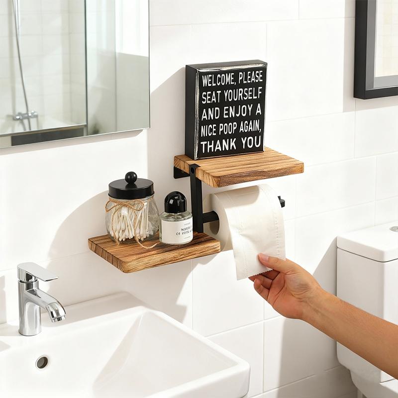 Wooden Wall Mounted Bathroom Wallpaper Rack Toilet Paper Roll Holder Black Hanging Tissue Roll Dispenser Kitchen Accessories