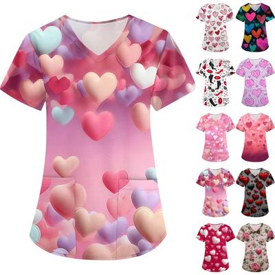 Uniforme/ Uniforme d'aide-soignante pour femme à imprimé Saint-Valentin, ample, col en V, poche, manches courtes