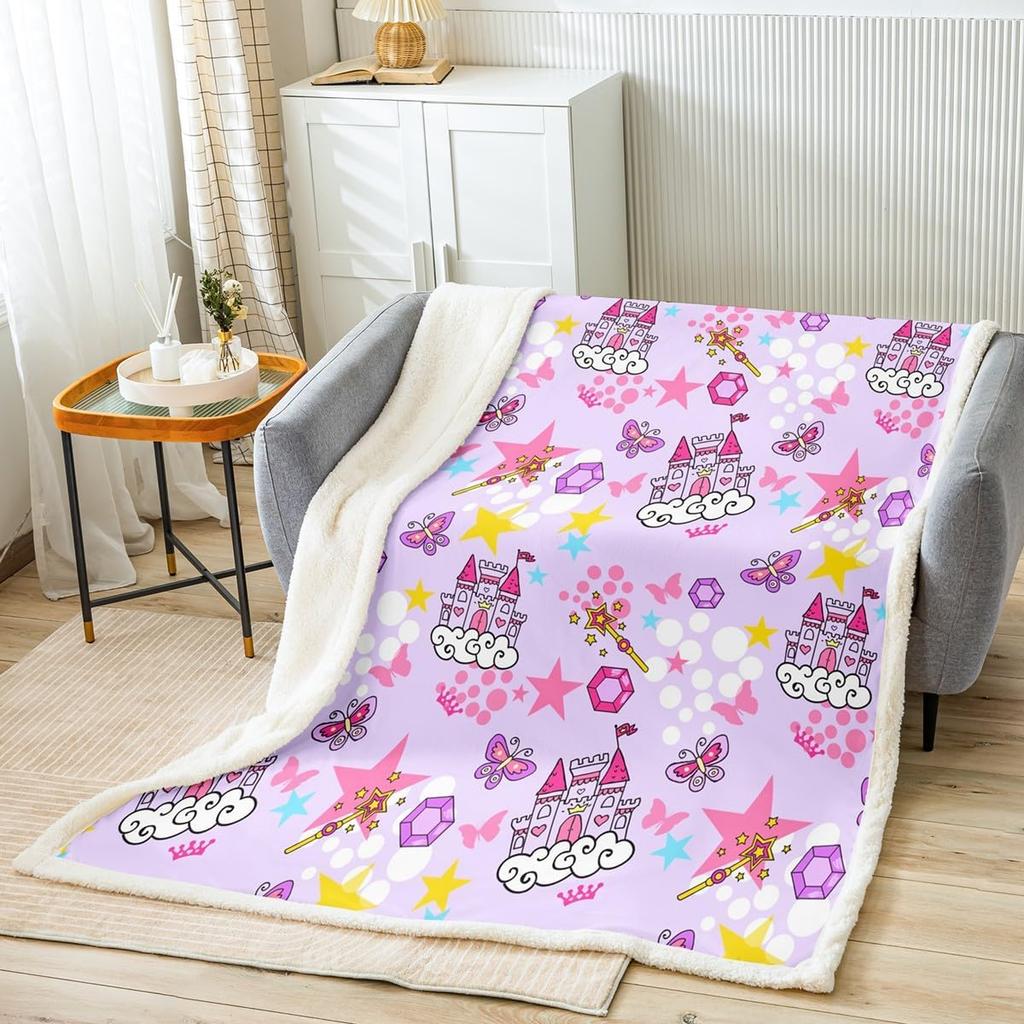 Princess Flannel Blanket All Seasons Dreamy Castle Girl Bed Throw for Kawaii Decor Watercolor Paint Print Purple Blanket for Kid