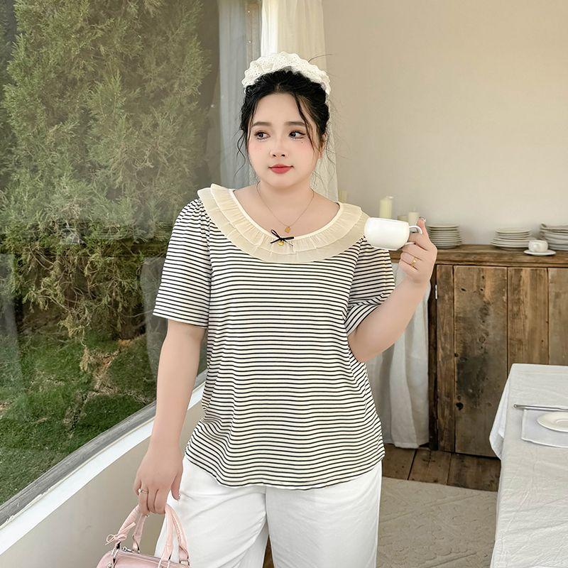 

Plus size women clothing [French style Sweet Shirt] Bow Ruffled Collar Patchwork Loose Stripe Summer Short sleeve T-shirt Apricot Bottom Black Strip 5XL