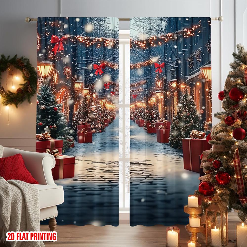 Set Of 2 Flat Printing Merry Christmas Scene Curtains Forest Snow Scenery Polyester Without Electricity Family Curtain