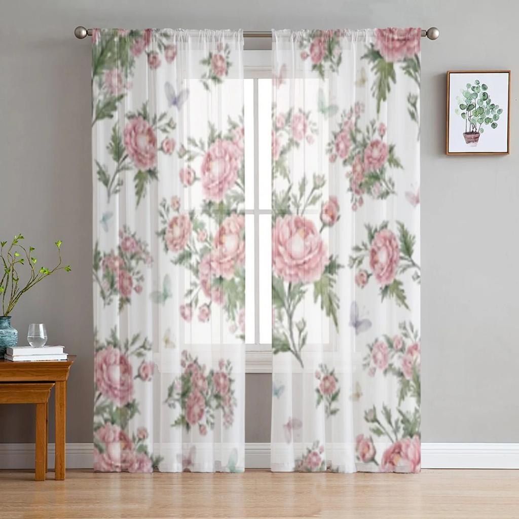 Blumenmuster mit rosa Rosen, transparente Fenstervorhänge für Wohnzimmer und Schlafzimmer, moderne Chiffon-Voile-Vorhänge, Stoffvorhänge