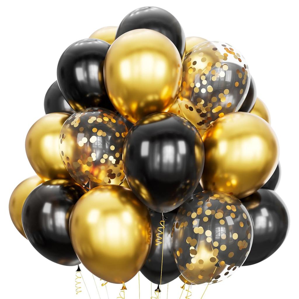12inch 50pcs Gold Black Latex Balloon Set with Confetti, Suitable for Weddings, Birthdays, Themed Parties, and Family Gatherings