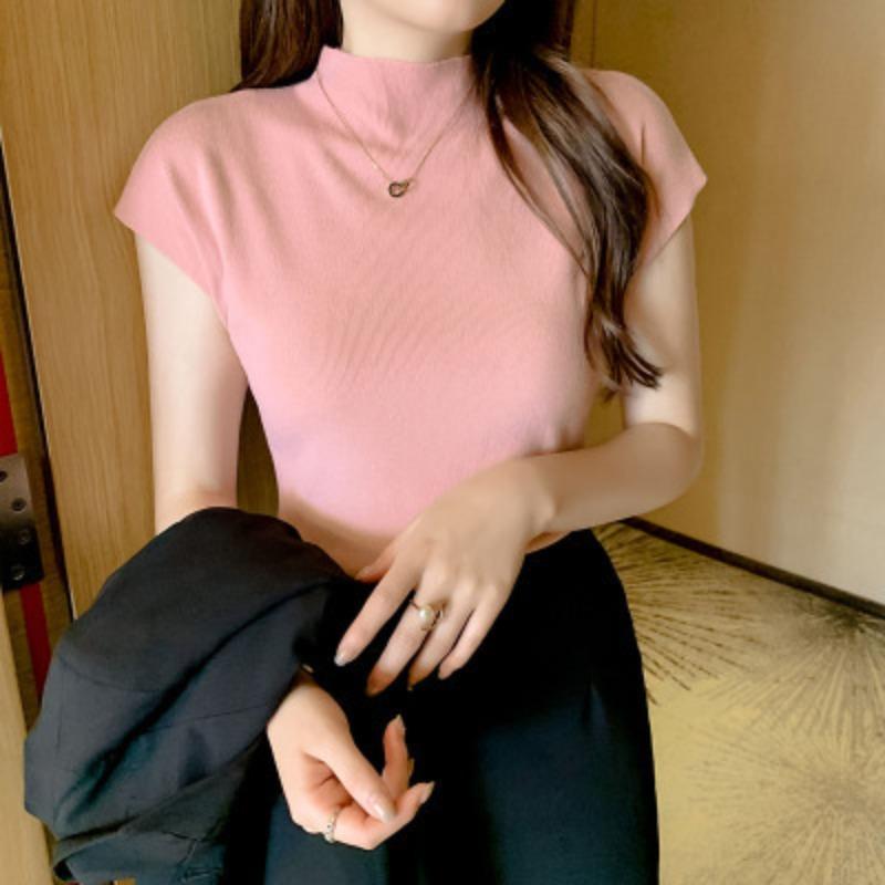 Ice Silk Knitted Short-sleeved Top Women's Semi-turtleneck Slim Knitted Sweater Women's Shirt Base Outer Wear Short Summer