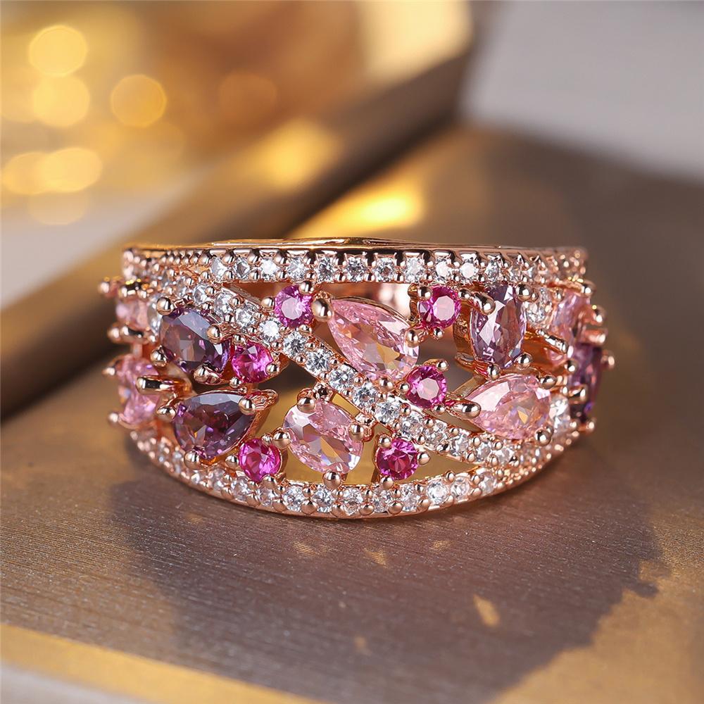 Trendy Purple Pink Zircon Wide Vintage Rose Gold Color Wedding Bands Engagement Rings For Women Men Minimalist Jewelry