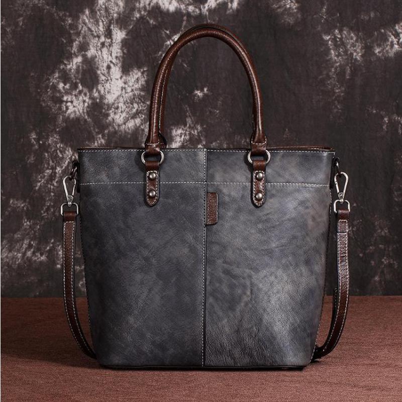 Johnature Retro Women Bucket Bag Leisure Genuine Leather Handbag Large Capacity Solid Color Shoulder Messenger Bags