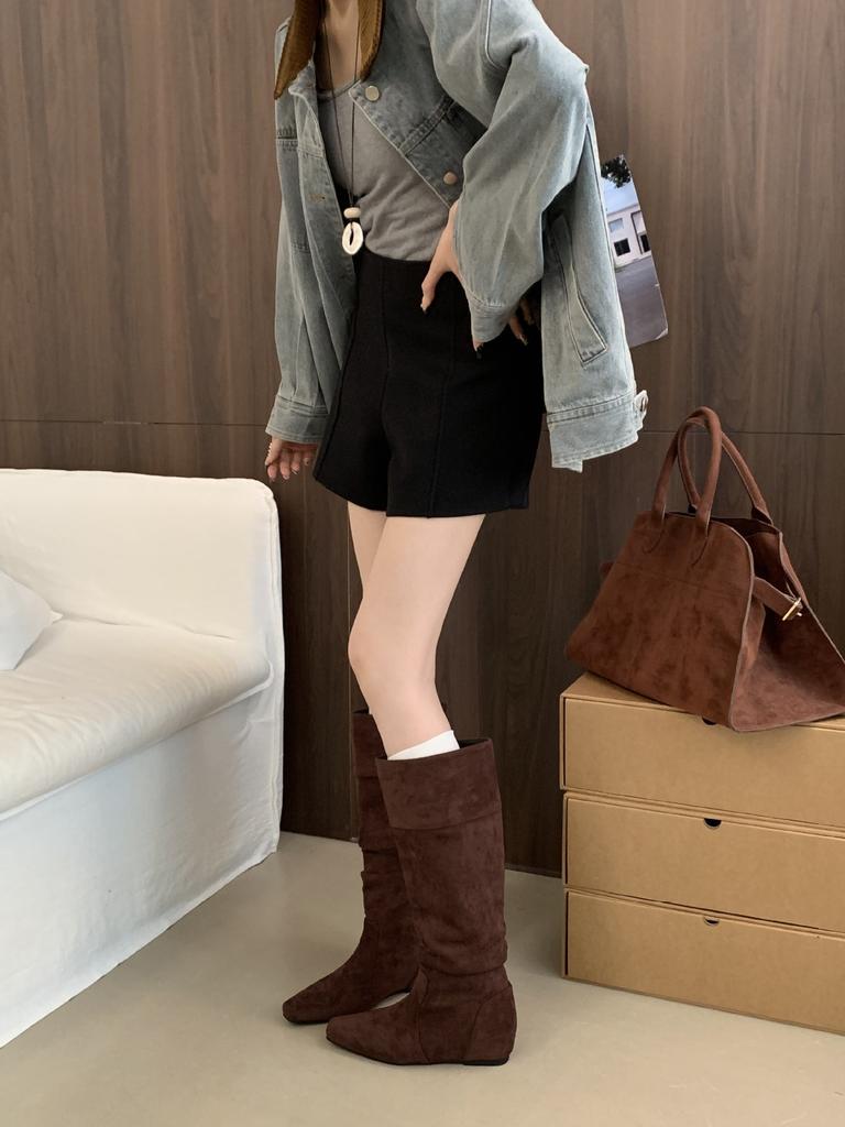 2025 New Suede Inner Western Cowboy Boots Stacked Long Boots Retro Flat Bottom But Knee Women's High Boots