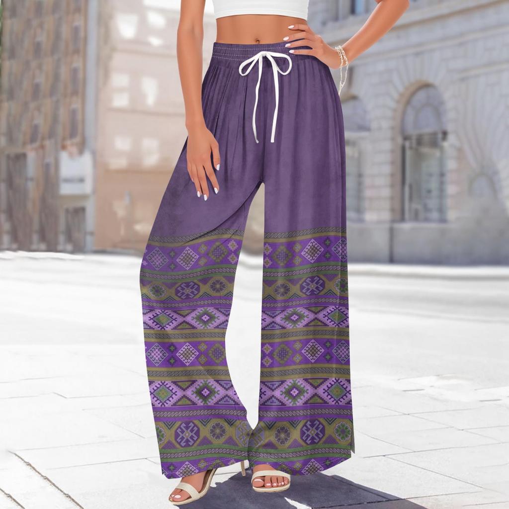 Damen Bedruckte Weitbeinige Hosen mit Taschen Hohe Taille Kordelzug Lockere Freizeit-Hosen