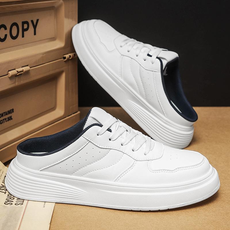 White Mules Man Slip On Flats Sneakers Half Shoes For Men Open-Back Loafers Slippers Casual Board Shoes Leather Slide Sandals