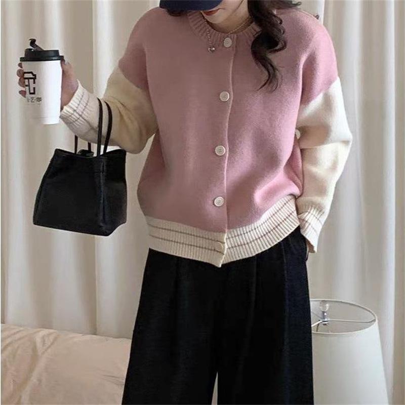 Korean Gentle Wind Crew Neck Sweater Cardigan Women's Autumn Small Sweet Pink Baseball Jersey Contrasting Knitted Jacket