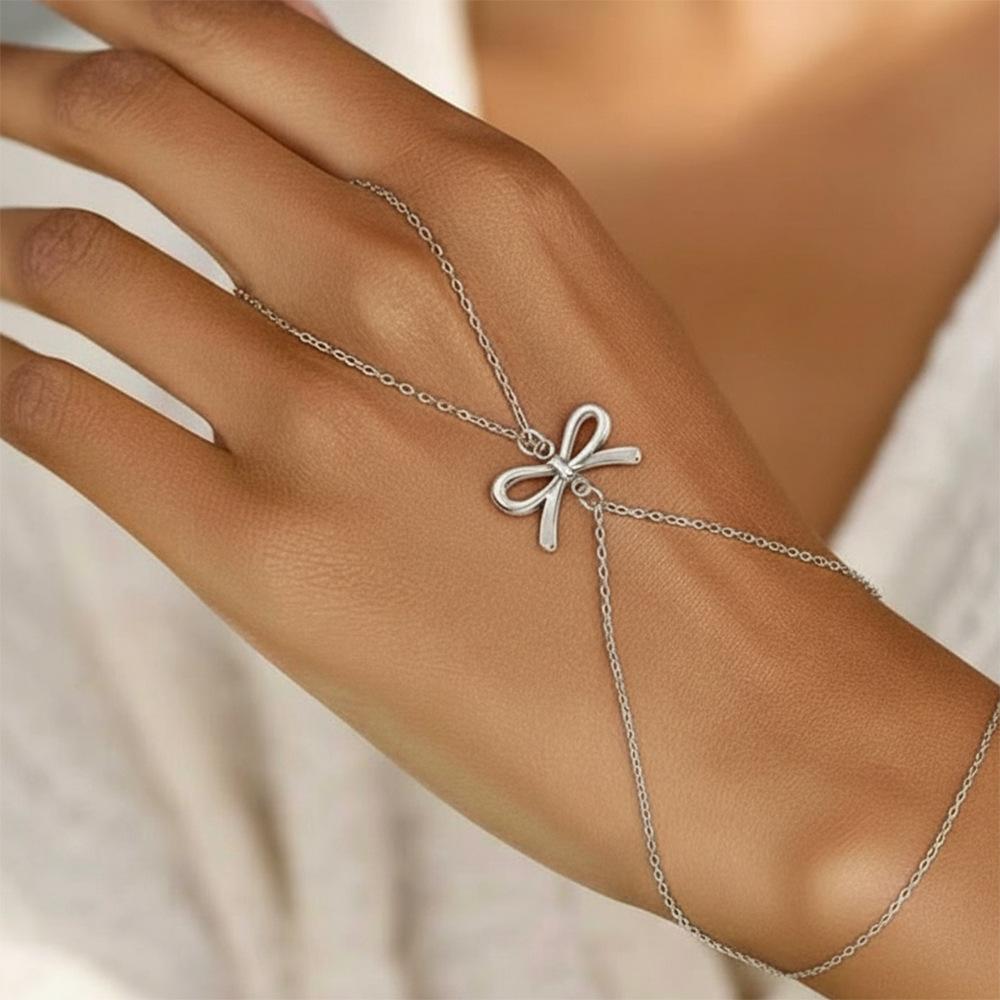 Stainless Steel Double-Layer Finger Bangle Bracelet Minimalist Bowknot Hand Chain Bracelet for Women Jewelry Accessories Party