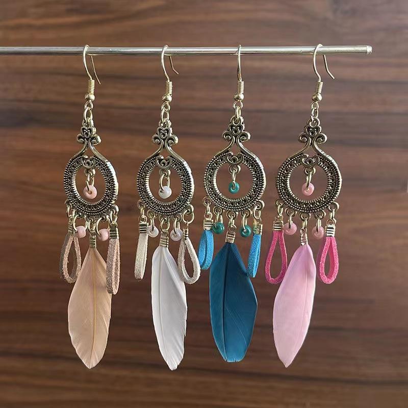 Ethnic Style Long Feathered Fringed Earrings Retro Bohemian Travel Auction Earrings Jewelry