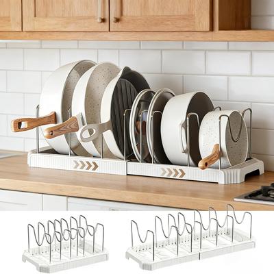 SIUSA Extendable Frying Pan Stand Base Stainless Steel 7 Compartments for Frying and Pans Adjustable for Pot Cutting and Storage (ABS + Dividers) -