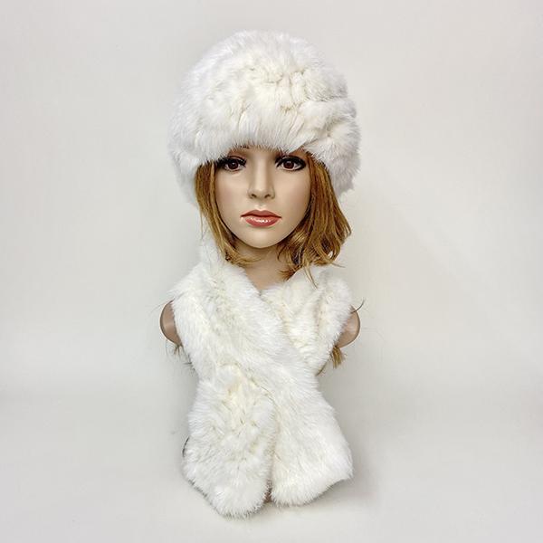 Winter Warm Rabbit Fur Hat Scarf Set Natural Fur Knitted Shawl High Elastic Women Beanie