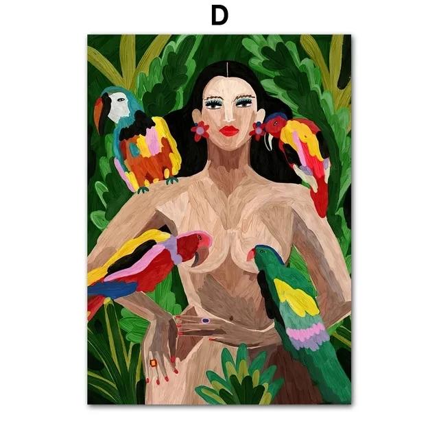 Vintage Oil Painting Girl Portrait Tropical Flower Parrot Wall Art Canvas Posters And Prints Wall Pictures For Living Room Decor