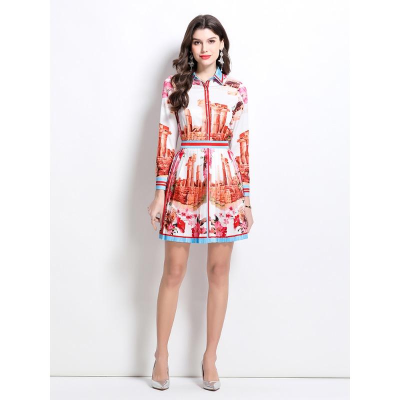 Spring Summer Designer Runway Print Letter 2 Piece Set Women's Lapel Shirt + Mini Short Pleated Skirt Office Lady Suits