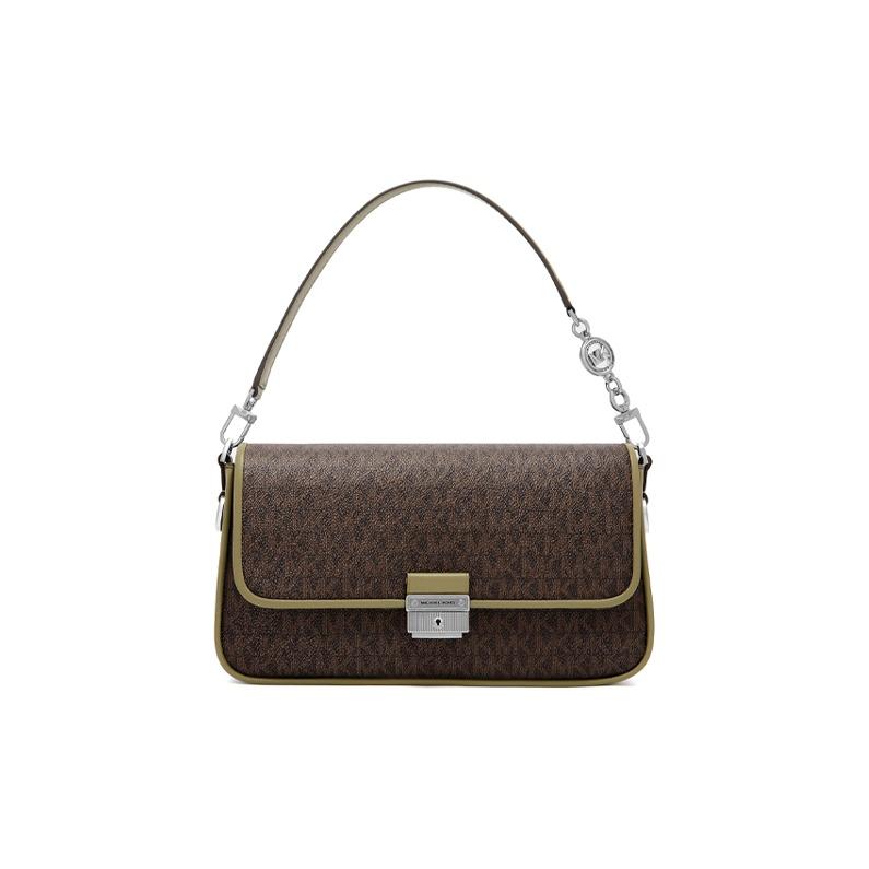 

Michael Kors MK Bradshaw Woven Flap Vintage Chain Print Faux Leather Baguette Bag Women Shoulder Bag Olive-Green Brown 30S1S2BL1B390 Small