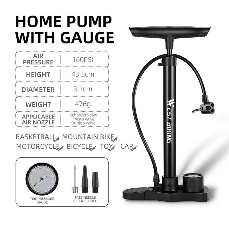 

WEST BIKING Bicycle Pump 160PSI Portable Stainless Steel Bike Pump Schrader Presta Valve Inflator Mountain Road Bike Accessories 0711142Black