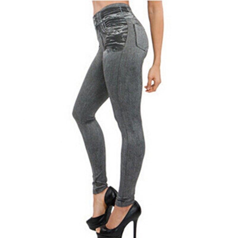 Schlanke Damen Faux Denim Jeans Taschen Mode Leggings mittelhoch geschnitten Bleistifthose Push Up Vintage Schlanke Hose