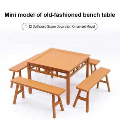 1 Set Miniatur Esstisch Bank Vintage Mini Quadratischer Tisch Lange Bank Modell Spielzeug DIY 1/12 Puppenhaus Möbel Dekoration Zubehör