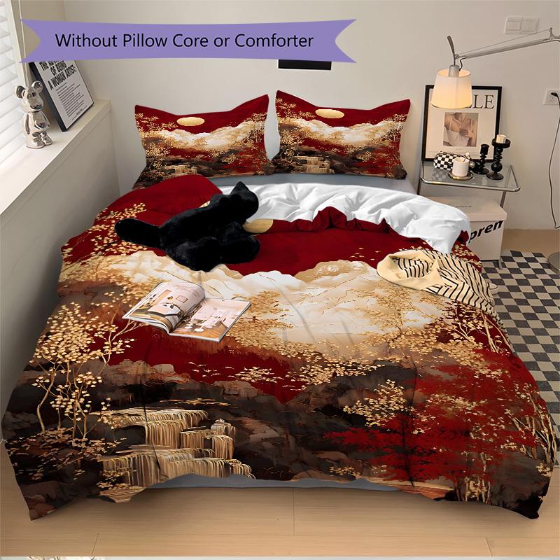 3pcs Chinese Style Landscape Bedding Set, Includes 1 Comforter + 2 Pillowcases, Without Pillow Inserts, Soft Comfortable, Lightweight Breath