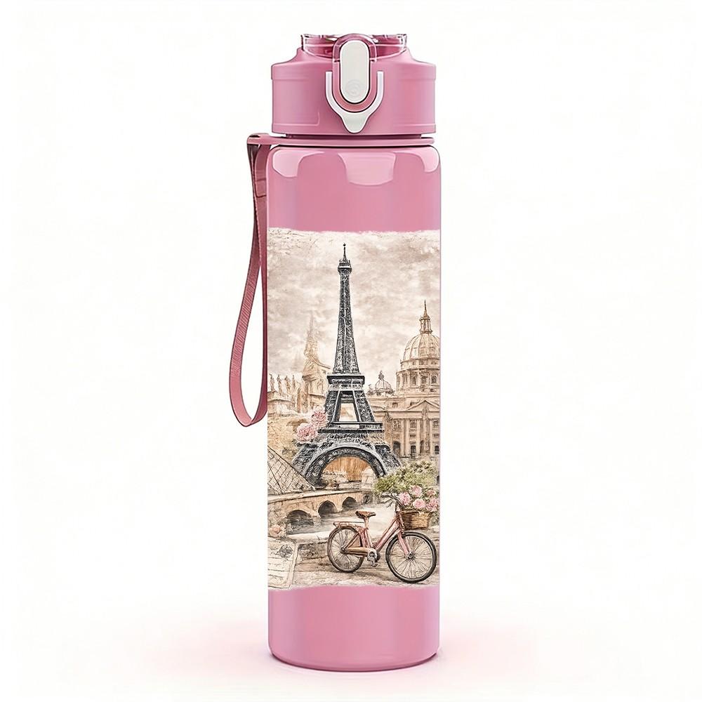 1PC Eiffel Tower Paris Retro Print 750ml Color Plastic Sports Water Bottle Leakproof Flip Straw Lid Suitable for Sports Office Home Use