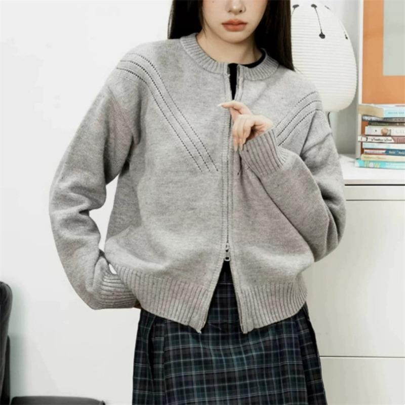 Retro Knitted Cardigan Crew Neck Zipper Autumn and Winter New Soft Waxy Lazy Style Short Casual Sweater Jacket Women