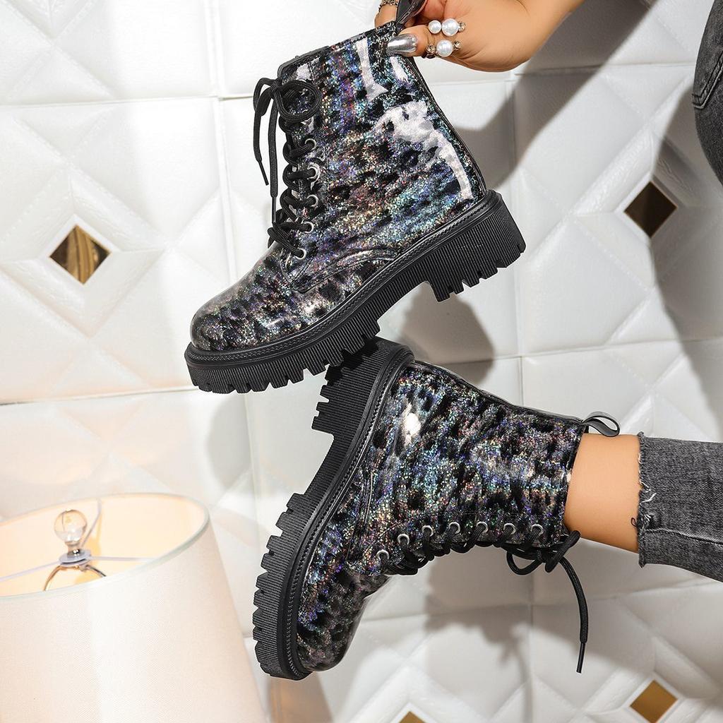 Sequined Lace-up Short Boots Medium Boots Children's 2025 Autumn and Winter New Platform Martin Boots Women's Heightening Shoes Boots Women's