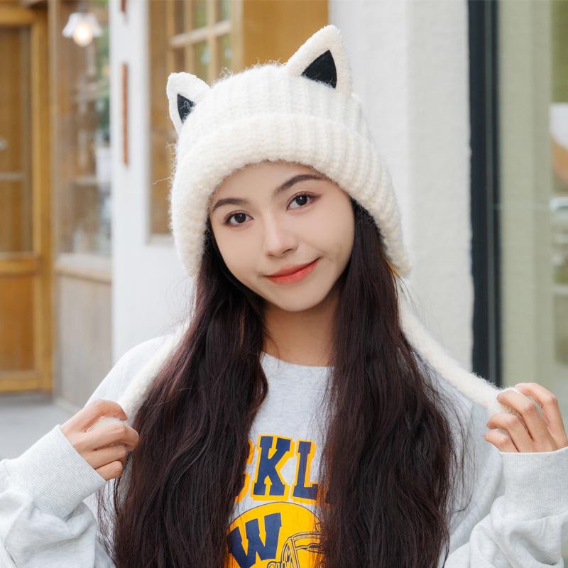 Cat Ears Knitted Hat Women'S Autumn And Winter Warm Cute Ear Protection Wool Hat Big Head Circumference Show Face Small Velvet Cold Hat