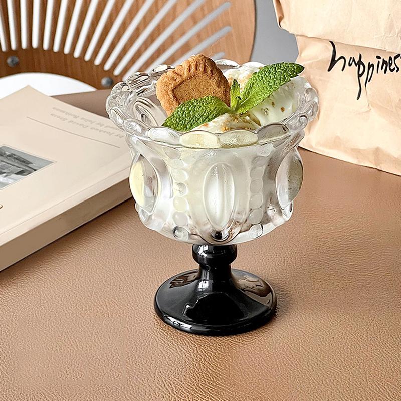 1PC Color Blocking Ice Cream Bowl Dessert Cup Palace Style Highball Glass Gift Tableware Vintage Embossed Design Elegant 200ml