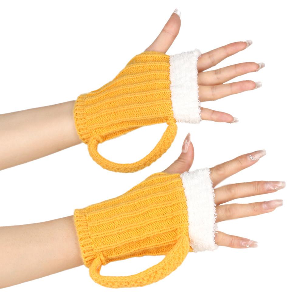 Unique 3d Design Yellow Fingerless Gloves For Winter Beer Lovers Cozy And Stylish