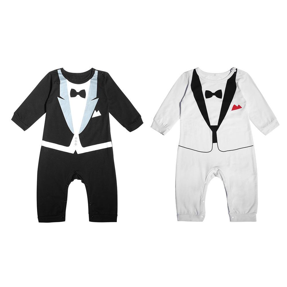 Newborn Baby Boys Gentleman Clothing Bowknot Print Rompers Cute O-Neck Jumpsuit
