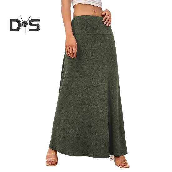 

Женская макси-юбка с эластичной завышенной талией, длинная юбка А-силуэта, однотонный дизайн, повседневная трикотажная юбка, весна-осень, повседневная одежда S армия зеленый