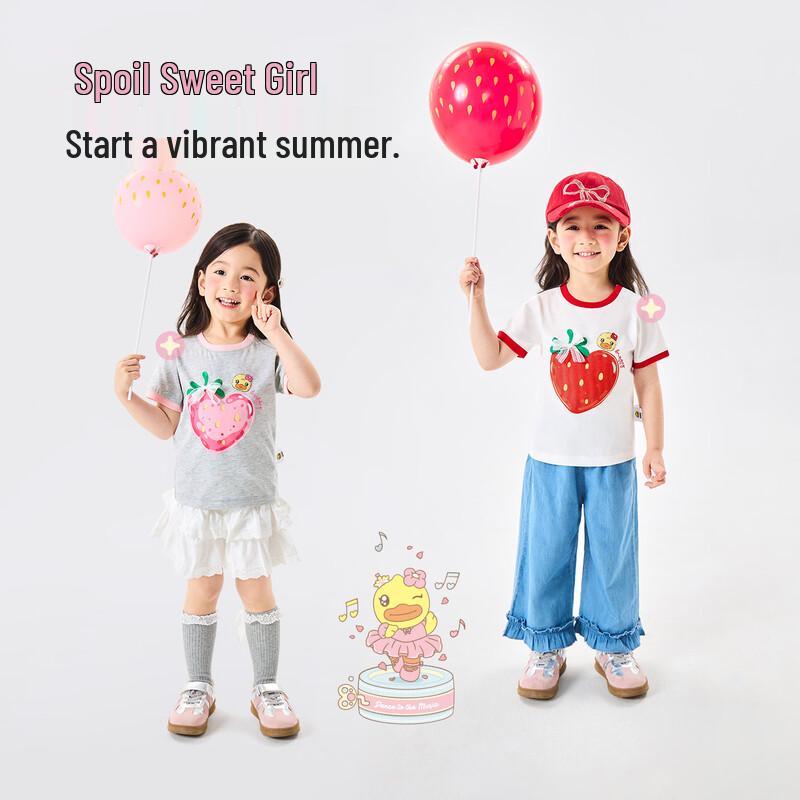 B.Duck Girls' Cotton Strawberry Short-Sleeved T-Shirt