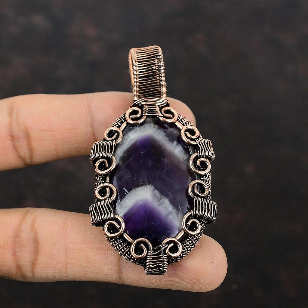 Chevron Amethyst Pendant Copper Wire Wrapped Jewelry Handmade Gemstone Pendant Copper Designer Pendant Chevron Amethyst Jewelry Gift For Her