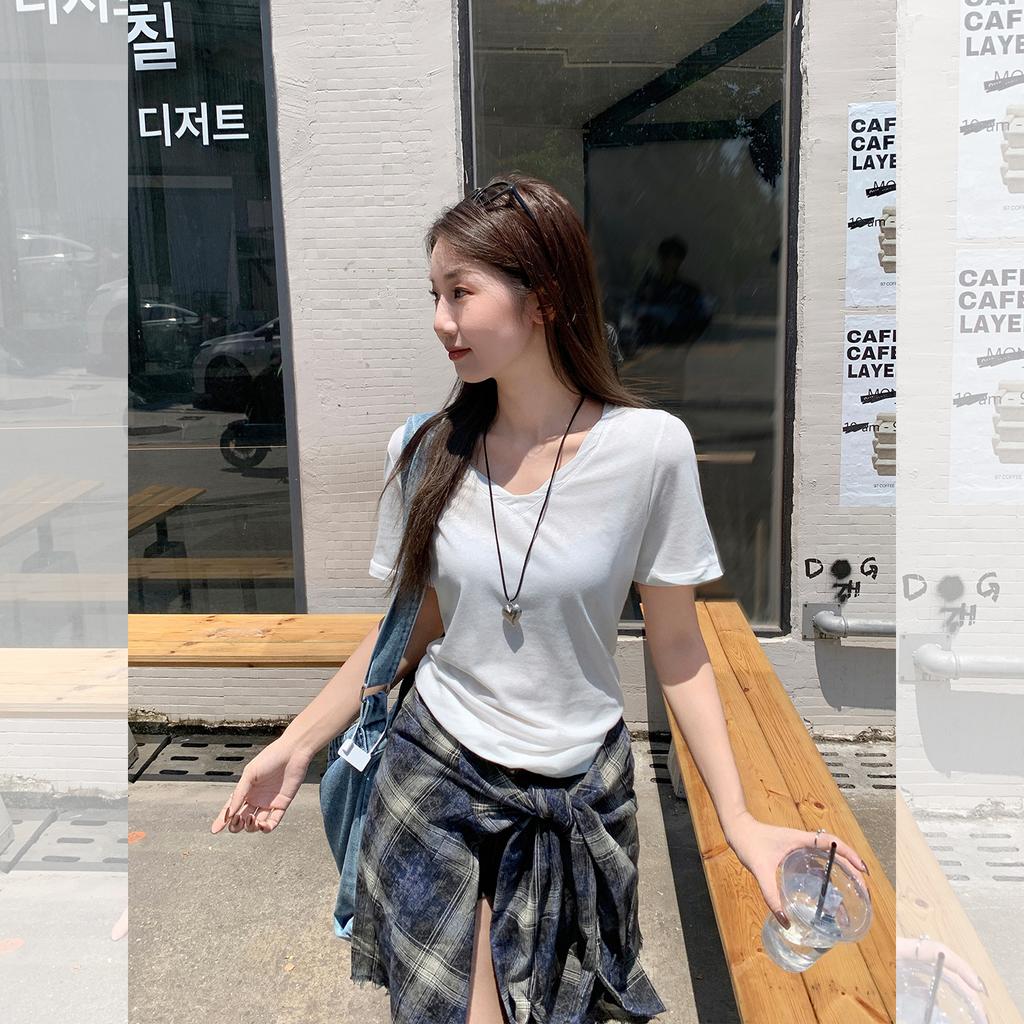 White V-neck front shoulder design pleated short-sleeved T-shirt women's summer new loose and thin lazy style top