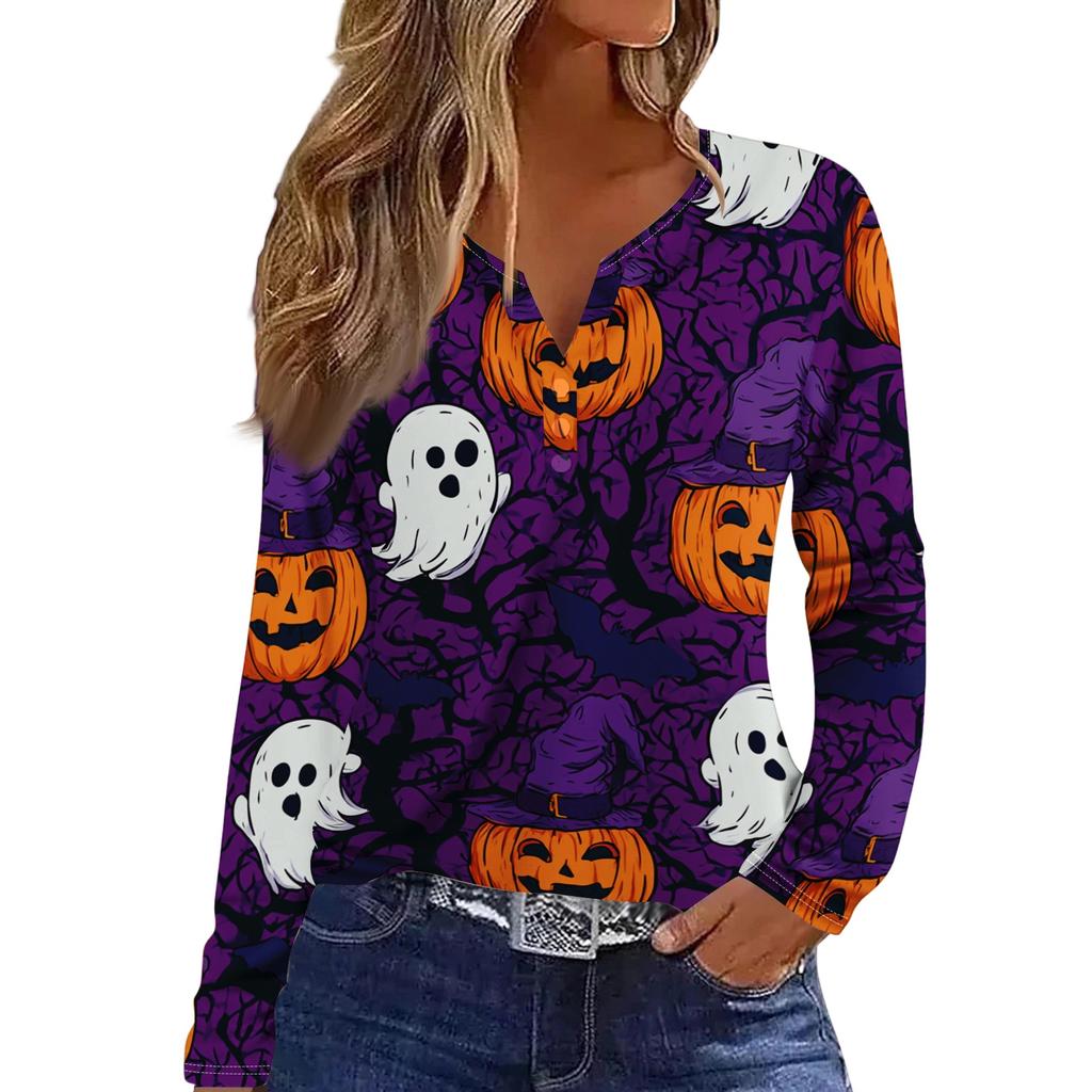 Women's Casual Long Sleeve V-Neck Halloween Print T-Shirt with Decorative Buttons