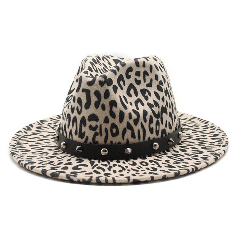 Leopard Print Top Hat, Jazz Hat, Men'S And Women'S Woolen Rivet Top Hat, Flat-Brimmed Big Eaves Hat.