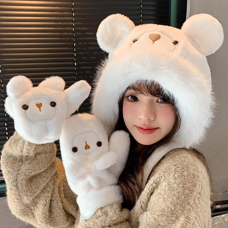 Women's Plush Bear Warm Plush Big Head Circumference Pullover Hat with Bear Ears Plush Hat