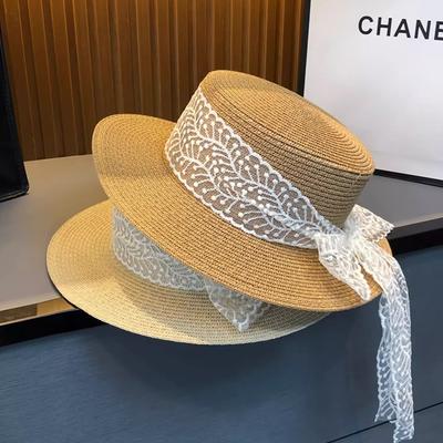 Hut Damen Sommer Reise Strand Sonnenschutz Sonnenhut Flache Oberseite Französisches Temperament Schleife Strohhut